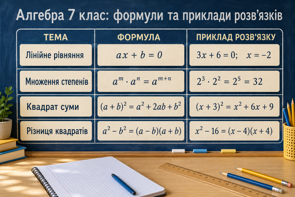Таблиця з основними формулами з алгебри для 7 класу та прикладами розв’язання рівнянь і степенів