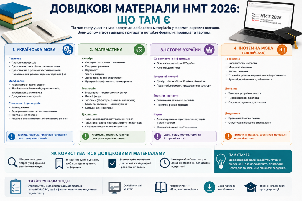 Інфографіка про довідкові матеріали НМТ 2026 з української мови, математики, історії України та іноземної мови