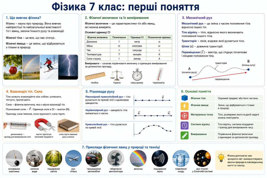 Інфографіка з основними поняттями та темами фізики для 7 класу