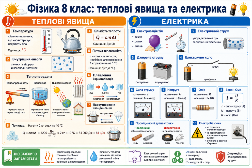 Інфографіка з фізики для 8 класу про теплові явища, електричний струм і основні формули