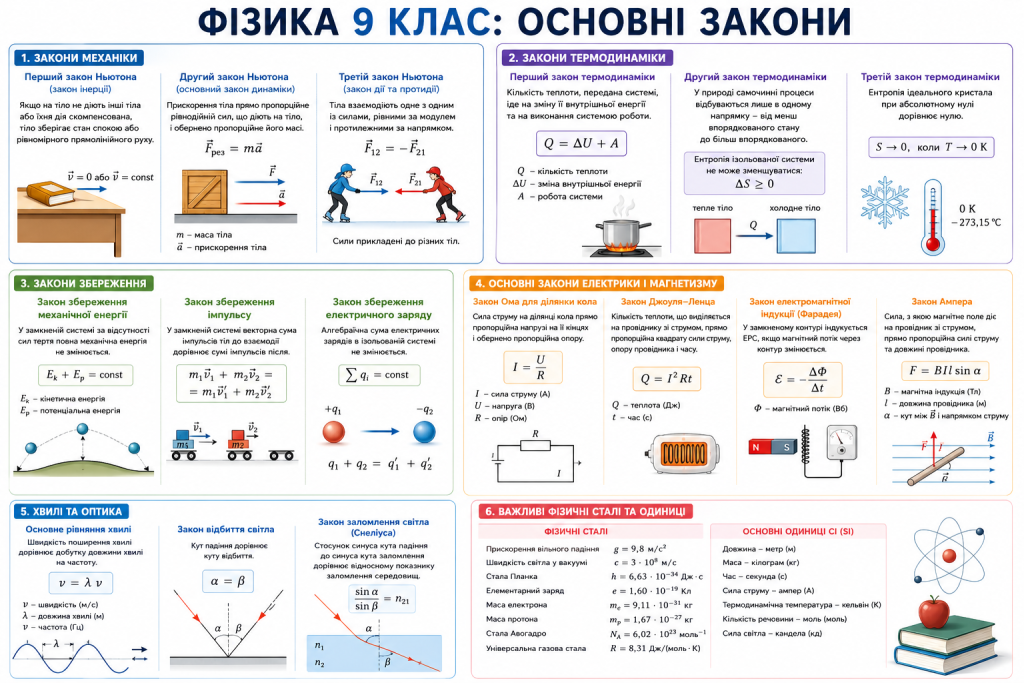 Інфографіка з основними законами фізики для 9 класу з механіки, термодинаміки, електрики та оптики