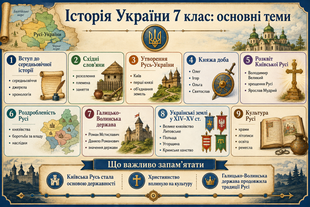 Інфографіка з основними темами історії України для учнів 7 класу