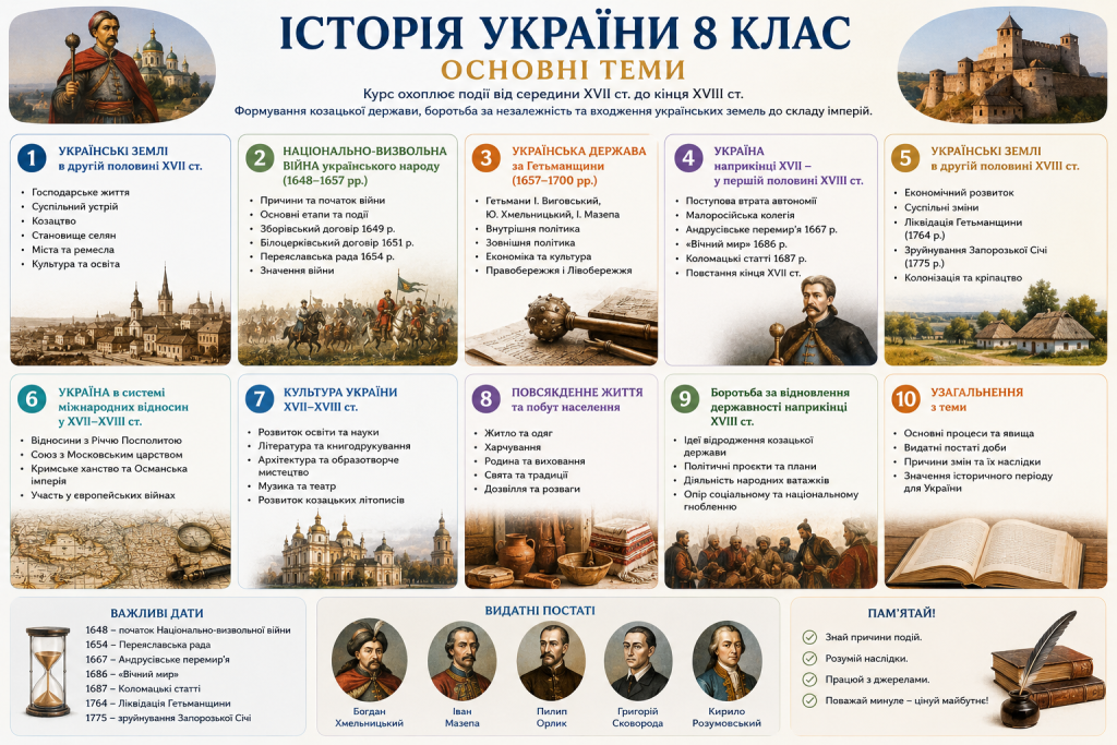 Інфографіка з основними темами історії України для учнів 8 класу