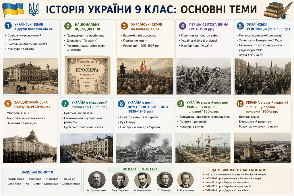 Інфографіка з основними темами історії України для 9 класу від XIX до середини XX століття