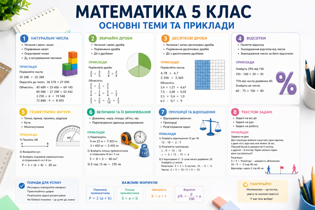 Інфографіка з основними темами, правилами та прикладами з математики для 5 класу