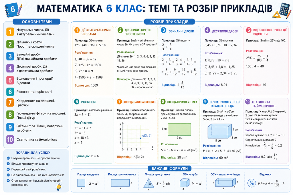 Інфографіка з основними темами математики 6 класу, прикладами розв’язання та формулами