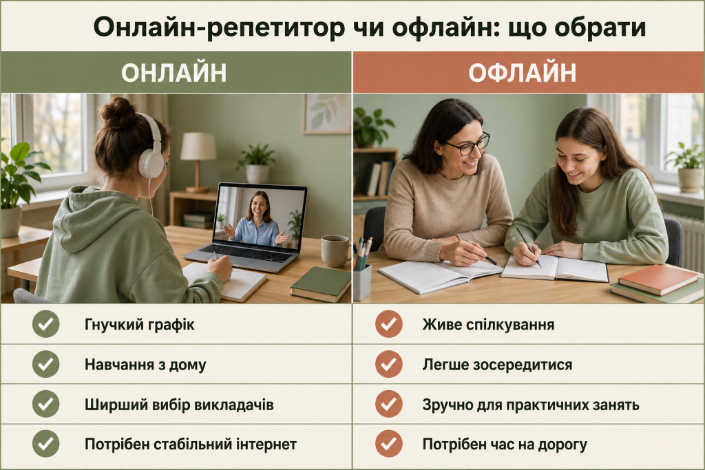 Інфографіка порівняння онлайн та офлайн занять із репетитором, їхніх переваг і особливостей навчання