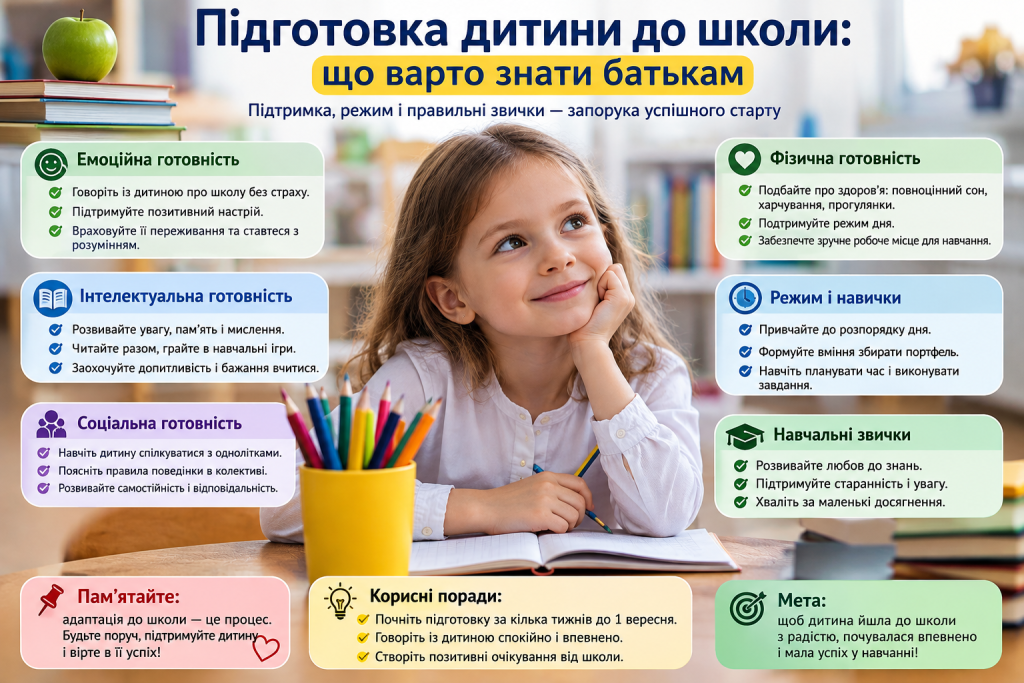 Інфографіка про підготовку дитини до школи, емоційну, фізичну та інтелектуальну готовність