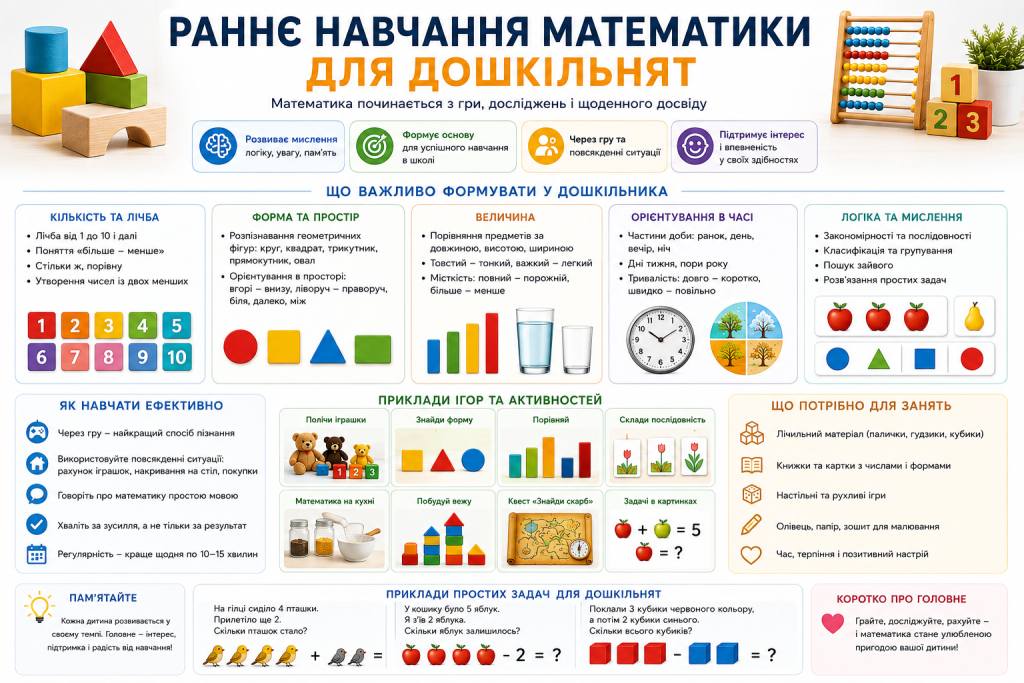 Інфографіка про раннє навчання математики дошкільнят через числа, форми, логіку та навчальні ігри