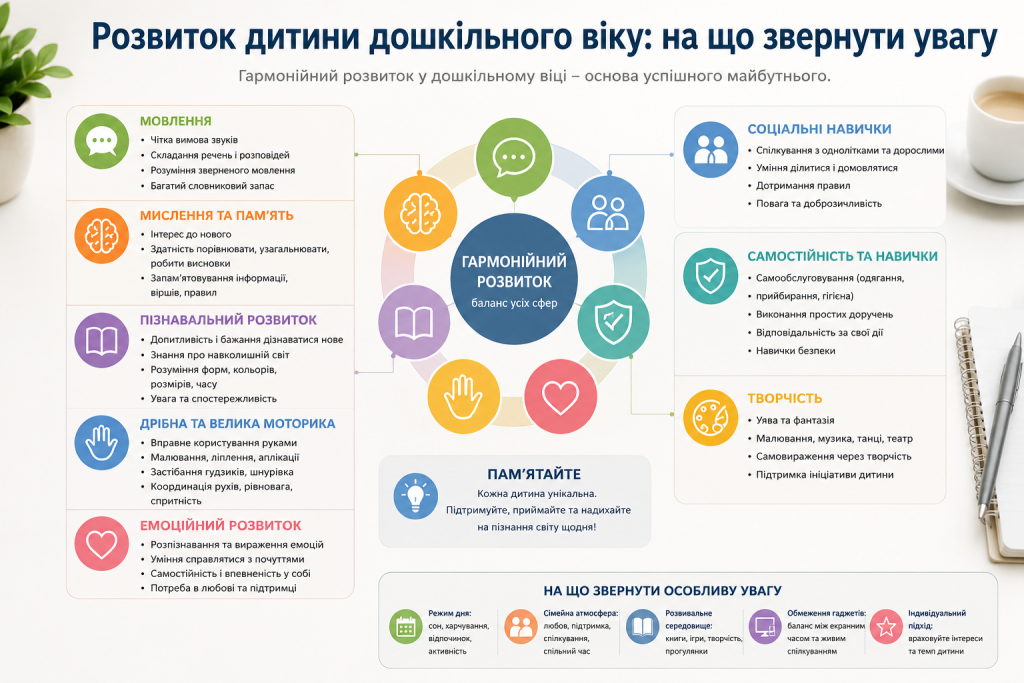Інфографіка про розвиток дитини дошкільного віку та основні сфери, на які варто звернути увагу