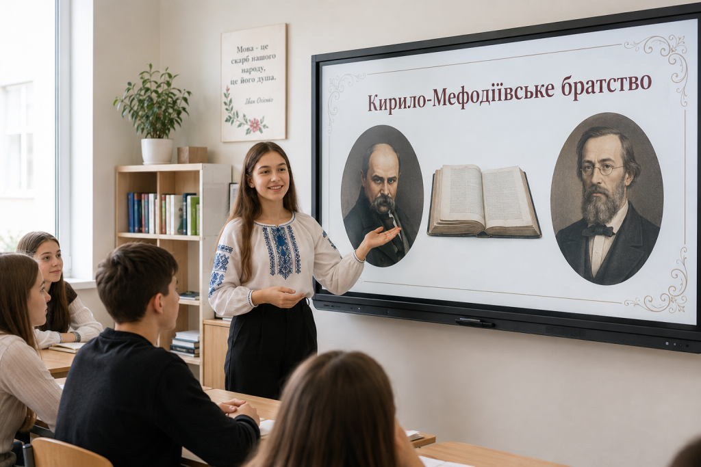 Учениця 9 класу розповідає про Кирило-Мефодіївське братство під час уроку історії України