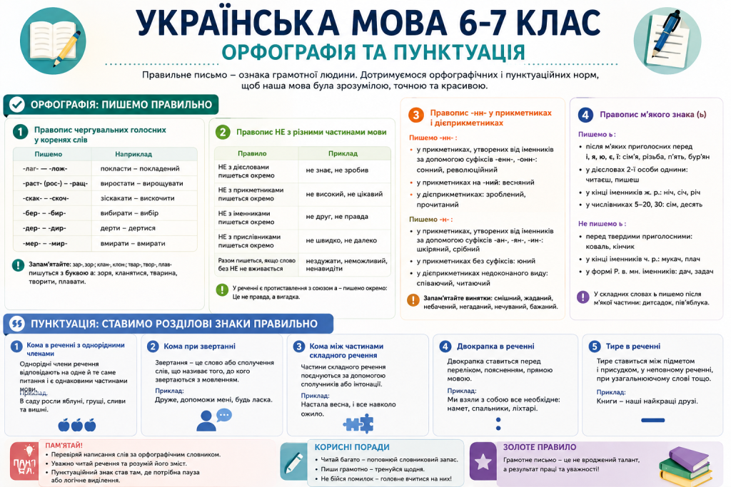 Інфографіка з правилами орфографії та пунктуації української мови для 6–7 класів