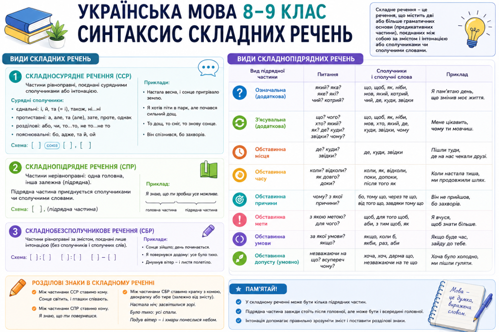 Інфографіка з української мови для 8–9 класів про синтаксис, види складних речень і пунктуацію