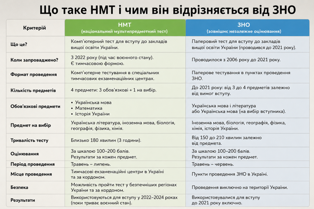 Таблиця порівняння НМТ і ЗНО з основними відмінностями формату тестування