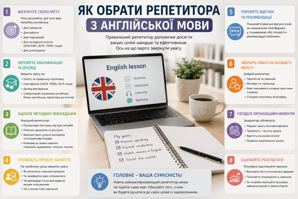 Інфографіка з порадами, як правильно обрати репетитора з англійської мови