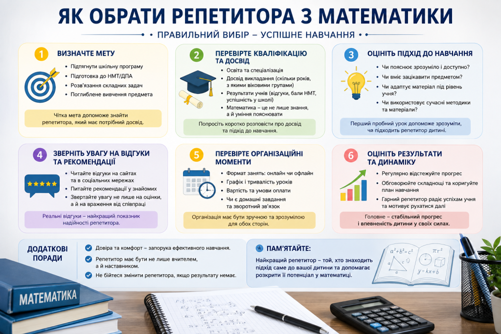 Інфографіка з порадами, як правильно обрати репетитора з математики для дитини