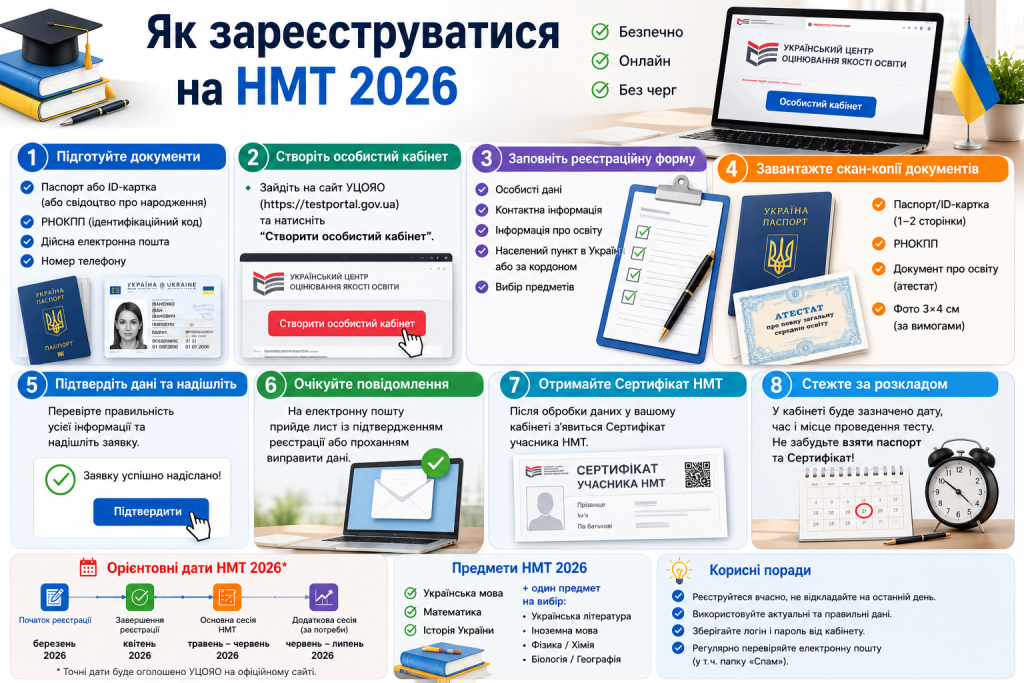 Покрокова інфографіка про реєстрацію на НМТ 2026, необхідні документи та основні етапи