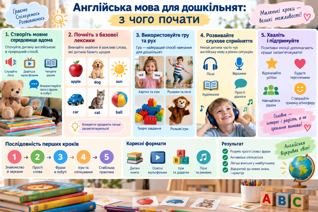 Інфографіка про вивчення англійської мови для дошкільнят через базові слова, ігри, пісні, картки, слухання та щоденну практику.
