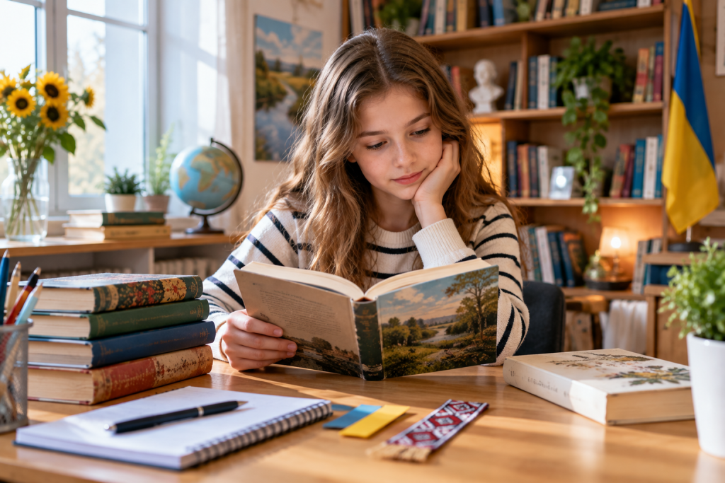 Програмні твори з української літератури 5‒6 класу Школярка читає книгу української літератури за письмовим столом у домашній бібліотеці