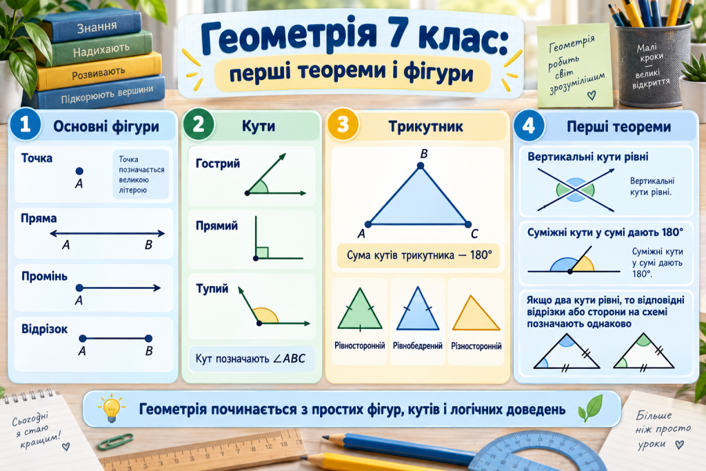 Навчальна інфографіка з геометрії для 7 класу з основними фігурами, видами кутів, трикутниками та першими теоремами