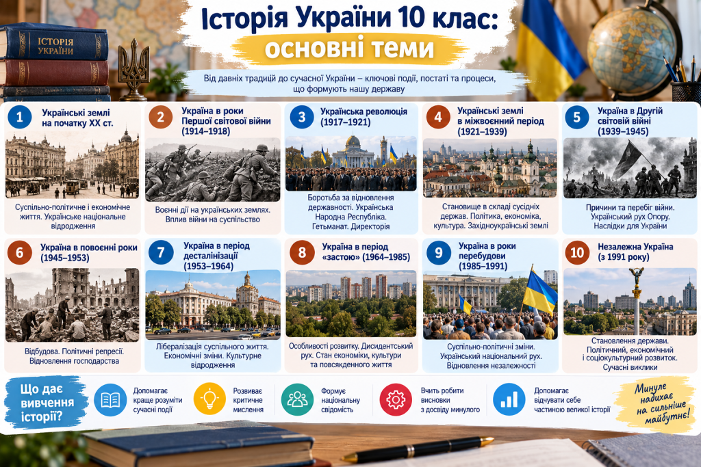 Інфографіка з основними темами історії України для 10 класу від початку XX століття до незалежної України.