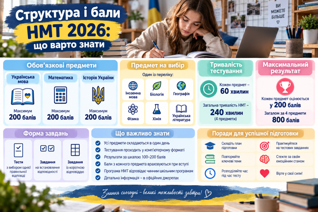 Інфографіка про структуру НМТ 2026, обов’язкові предмети, предмет на вибір, тривалість тестування, максимальні бали та формати завдань.