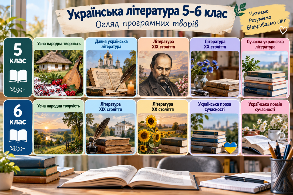 Інфографіка з української літератури для 5–6 класів з основними періодами, жанрами та програмними творами