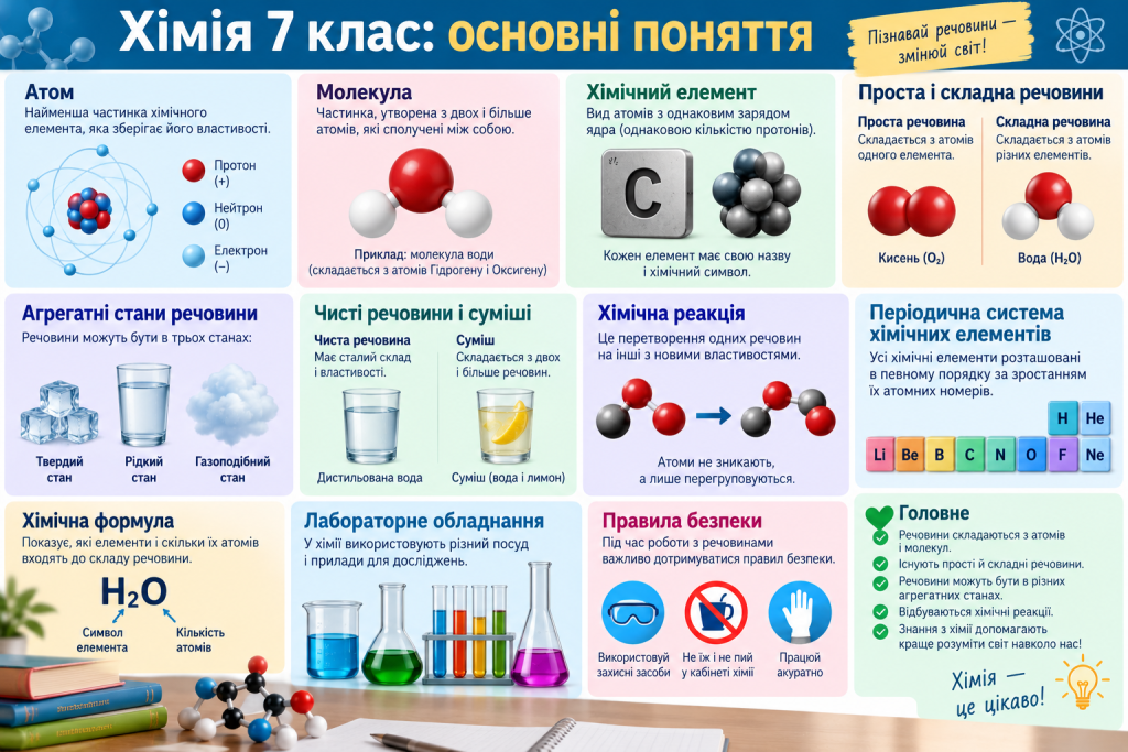 Інфографіка з основними поняттями хімії для 7 класу: атом, молекула, хімічний елемент, речовина, суміш, реакція, формула та лабораторне обладнання.