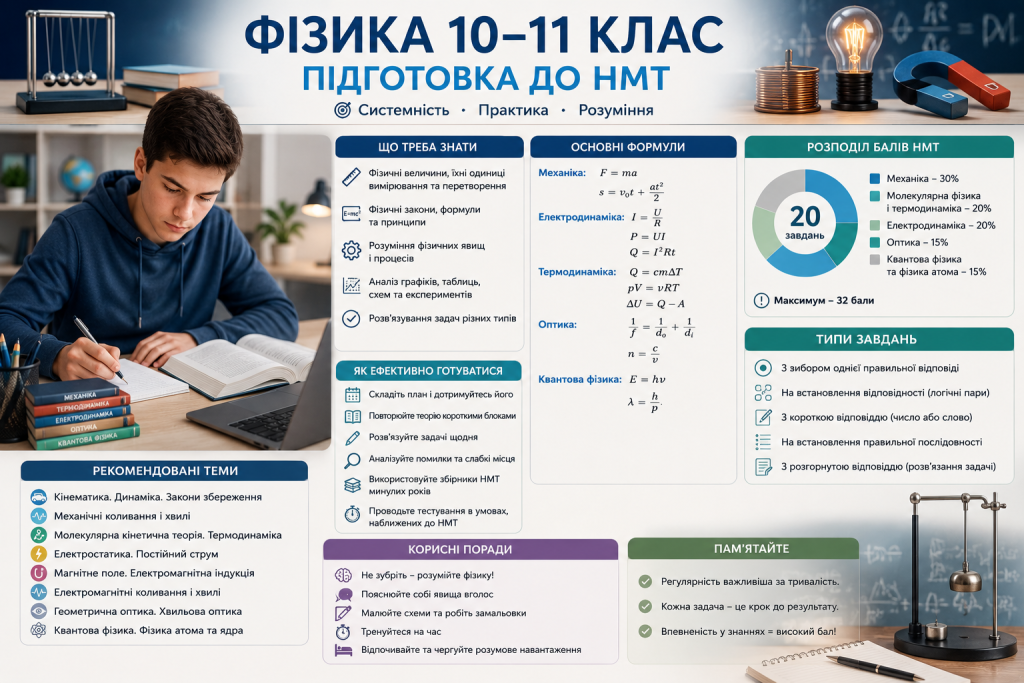 Інфографіка для підготовки до НМТ з фізики з основними темами, формулами, типами завдань і порадами для навчання