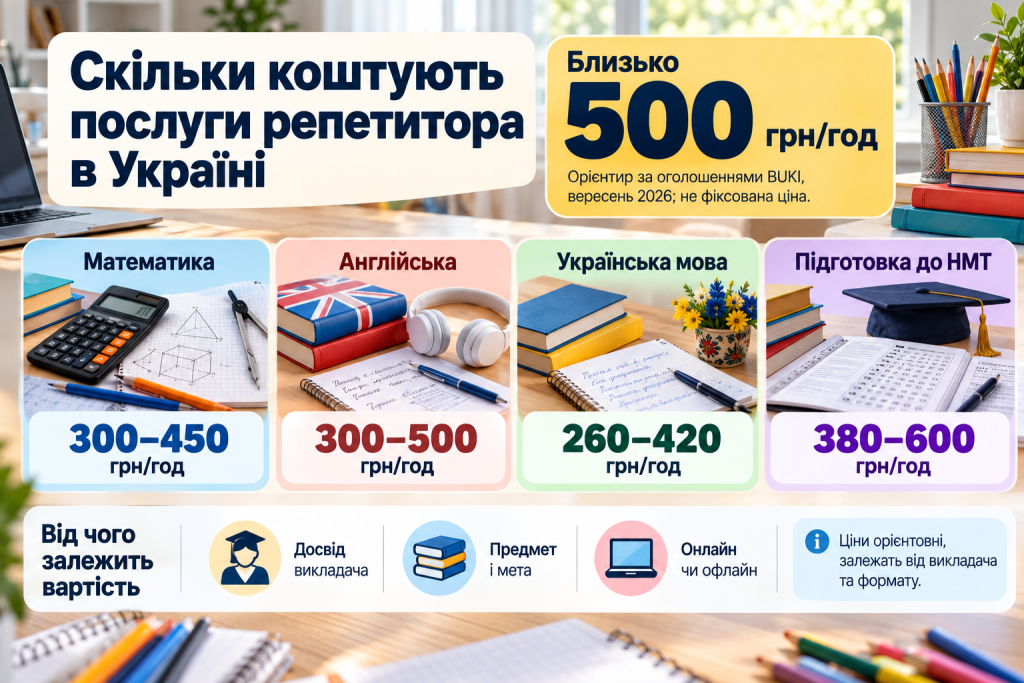 Інфографіка з орієнтовними цінами на послуги репетиторів в Україні у 2026 році: математика, англійська та українська мови, підготовка до НМТ і фактори формування вартості.