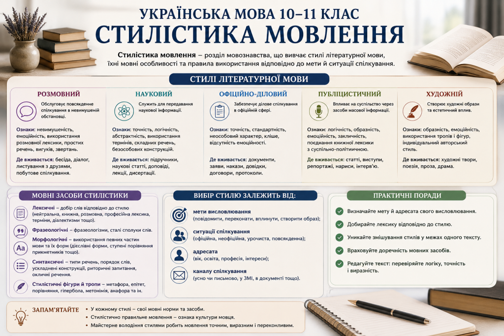 Інфографіка зі стилістики української мови про розмовний, науковий, офіційно-діловий, публіцистичний і художній стилі мовлення